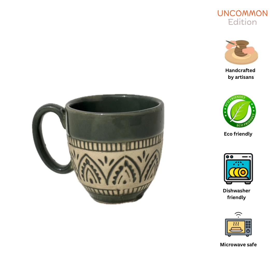 UnCommon Edition Handmade Green Embossed Ceramic Cup Set of 2 ( 250 ml Each)| Blue Pottery Tea/Coffee Cup | Dishwasher Safe Trendy Everyday Use for Office & Home, Perfect for Birthday, Corporate Gift