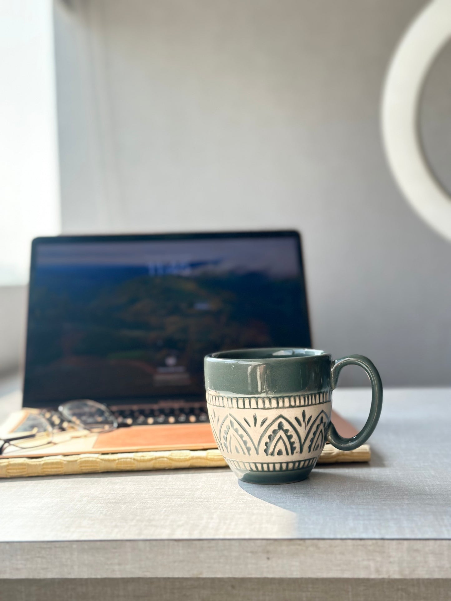 UnCommon Edition Handmade Green Embossed Ceramic Cup Set of 2 ( 250 ml Each)| Blue Pottery Tea/Coffee Cup | Dishwasher Safe Trendy Everyday Use for Office & Home, Perfect for Birthday, Corporate Gift